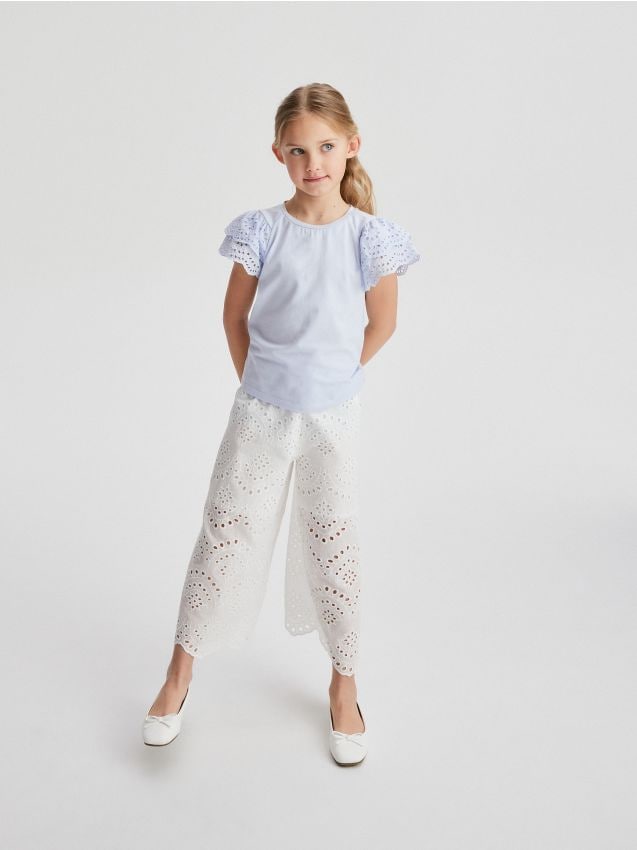 Reserved - pantaloni cu broderie englezească - alb