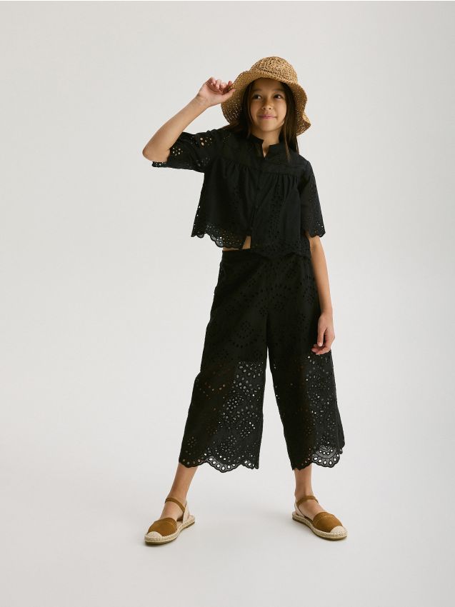 Reserved - pantaloni cu broderie englezească - negru