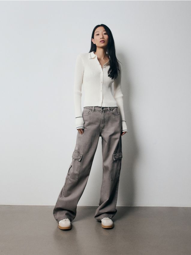 Reserved - blugi cargo wide leg - gri-închis
