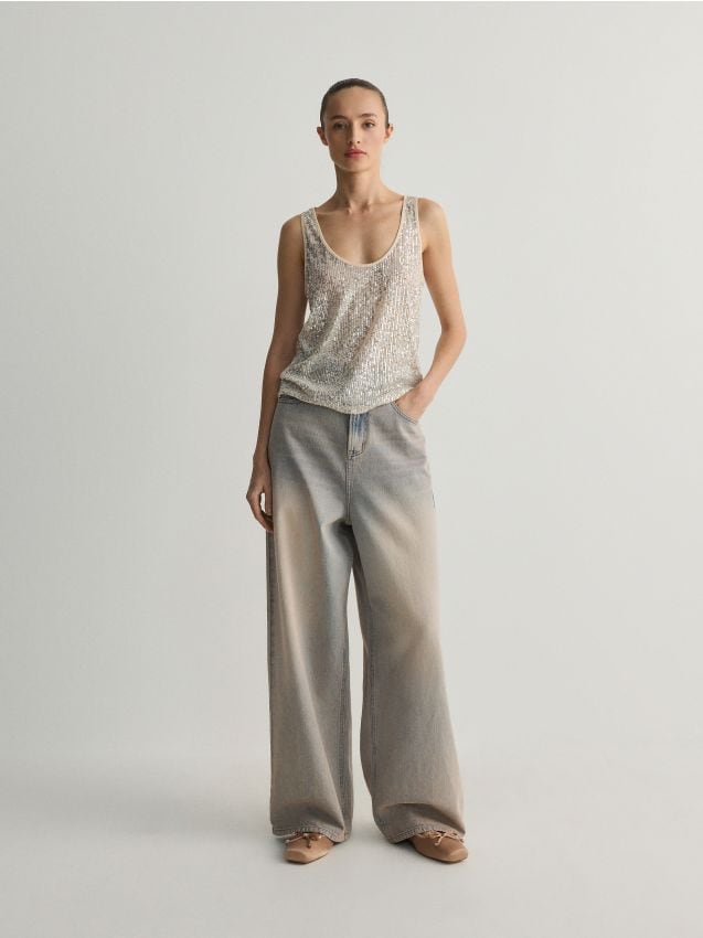 Reserved - blugi wide leg cu efect acid wash - roz