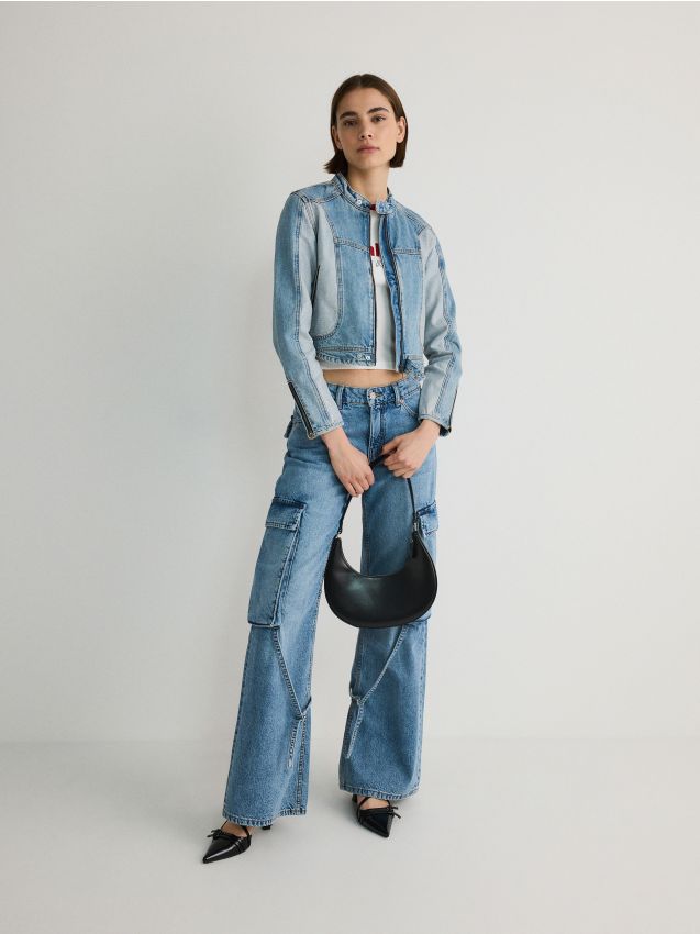 Reserved - blugi wide leg cu buzunare cargo - albastru