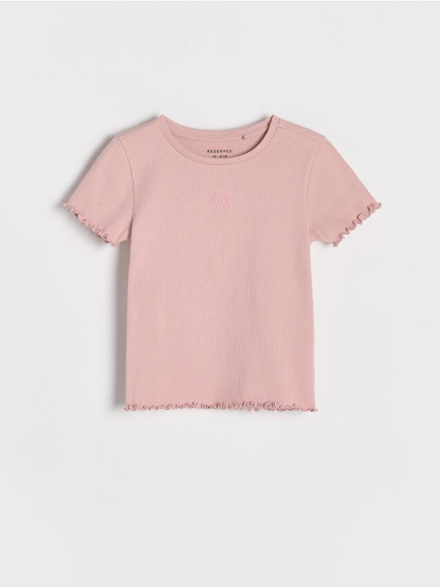 Reserved - Tricou cu detaliu brodat din tricot striat - roz-pudră