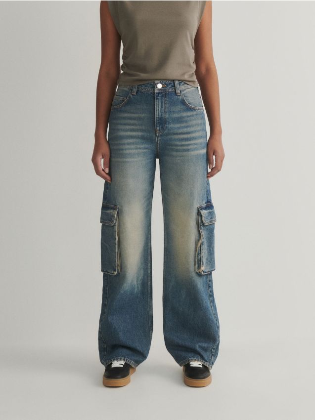 Reserved - blugi wide leg cu buzunare cargo - indigo jeans