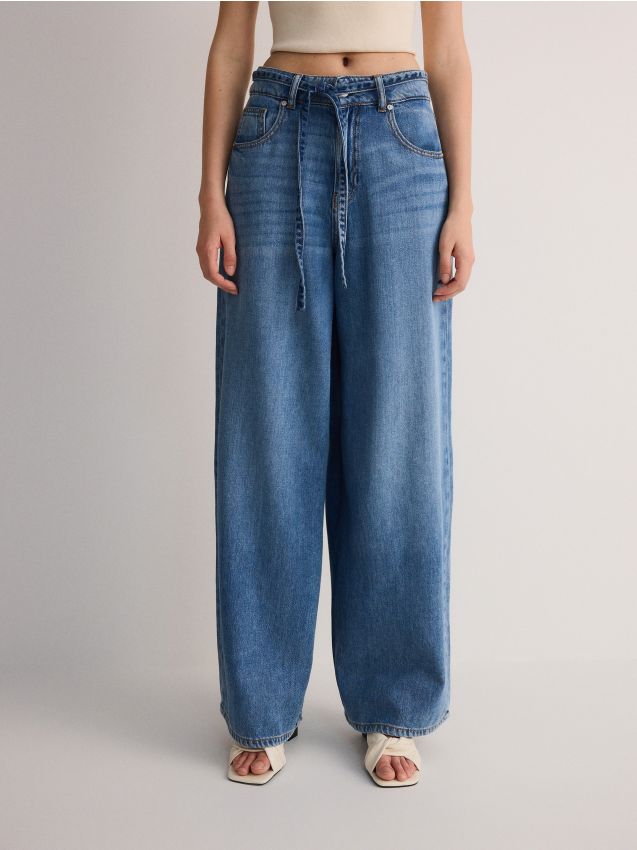 Reserved - blugi wide leg cu curea - albastru