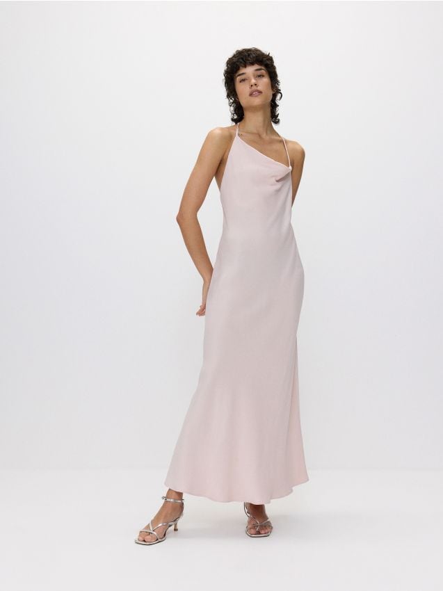 Reserved - rochie cu decolteu asimetric - roz-pastel