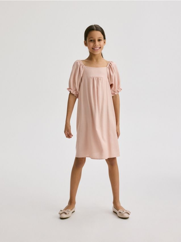 Reserved - rochie cu mâneci bufante și adaos de in - roz-pastel
