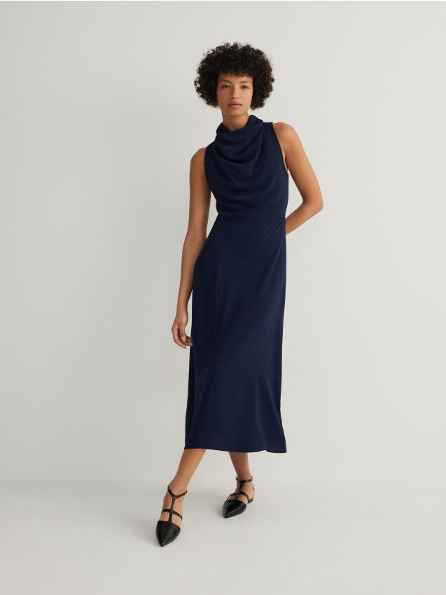 Reserved - rochie midi cu decolteu tip halter - bleumarin
