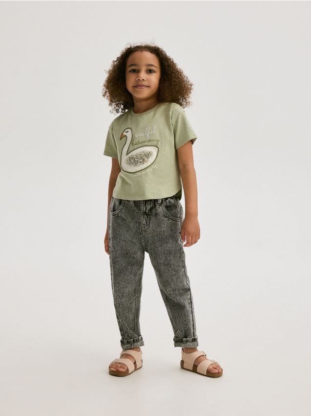 Reserved - tricou din bumbac cu aplicații - verde-deschis