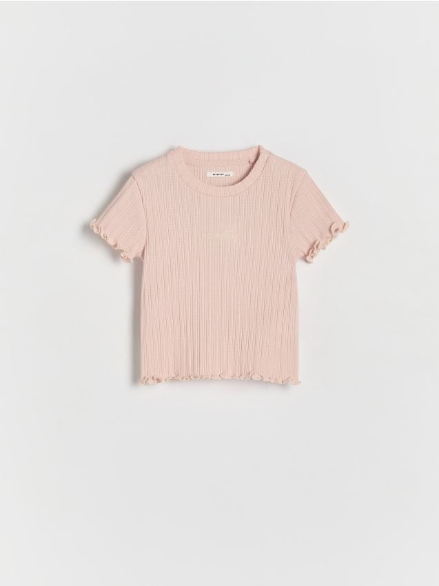Reserved - tricou cu detaliu brodat din tricot striat - roz-pastel