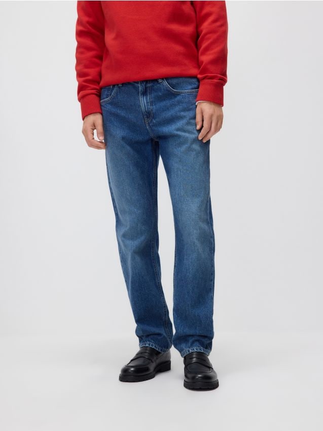 Reserved - Blugi straight cu efect prespălat - bleumarin