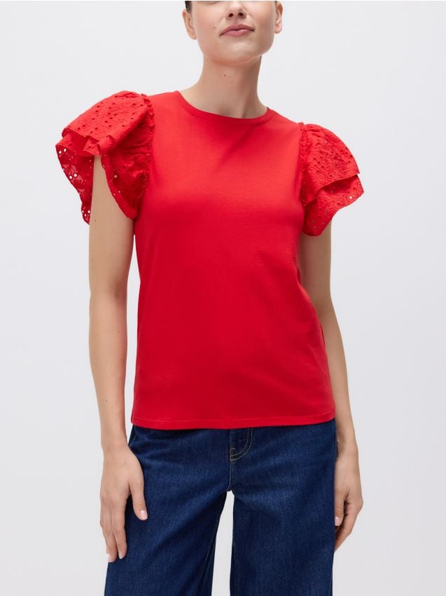 T-shirt with broderie anglaise sleeves - RESERVED