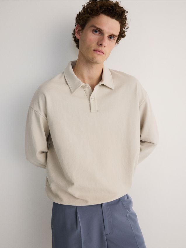 Reserved - cămașă polo oversized, cu mânecă lungă - gri deschis