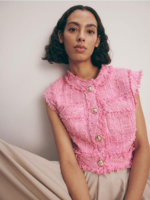 トップス sketch check tweed vest pink endless rose Tweed Shirt Vest | Shopbop