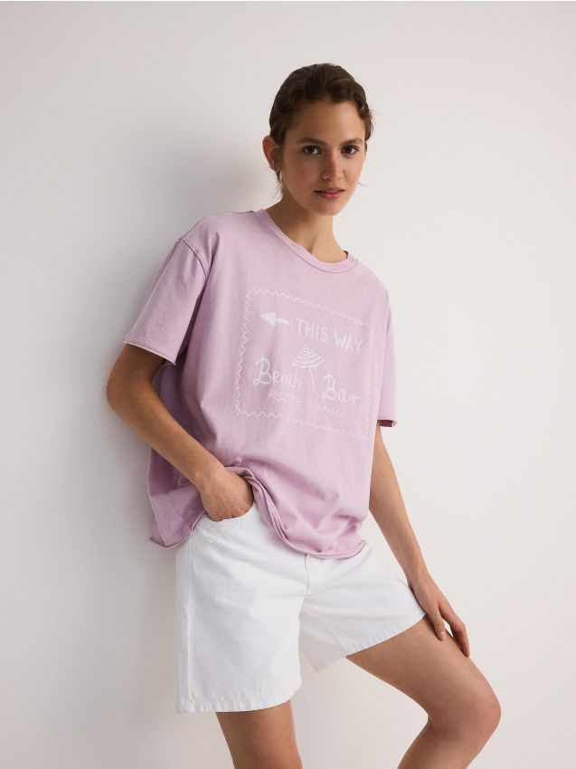 Reserved - tricou cu croială regular și imprimeu - roz-pastel