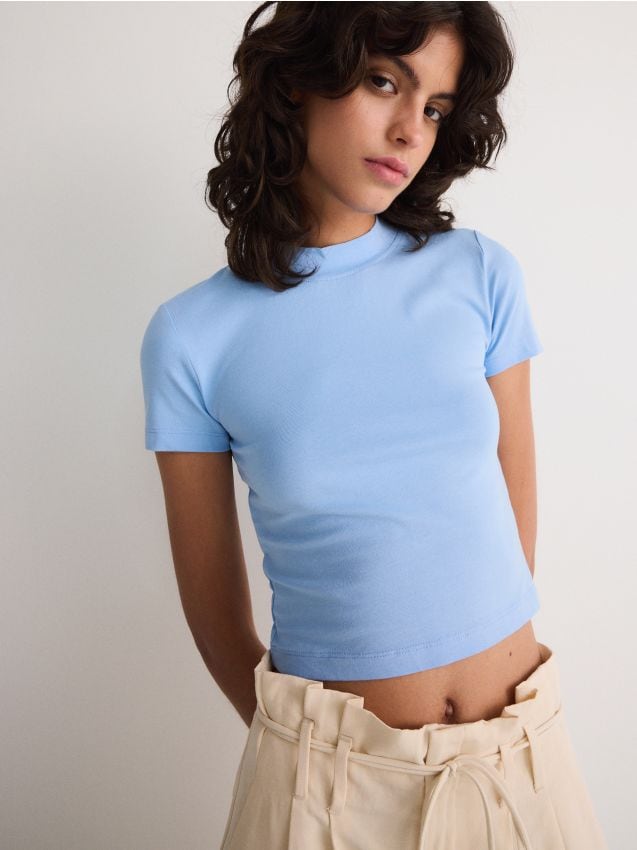 Reserved - tricou scurt cu guler înalt - albastru