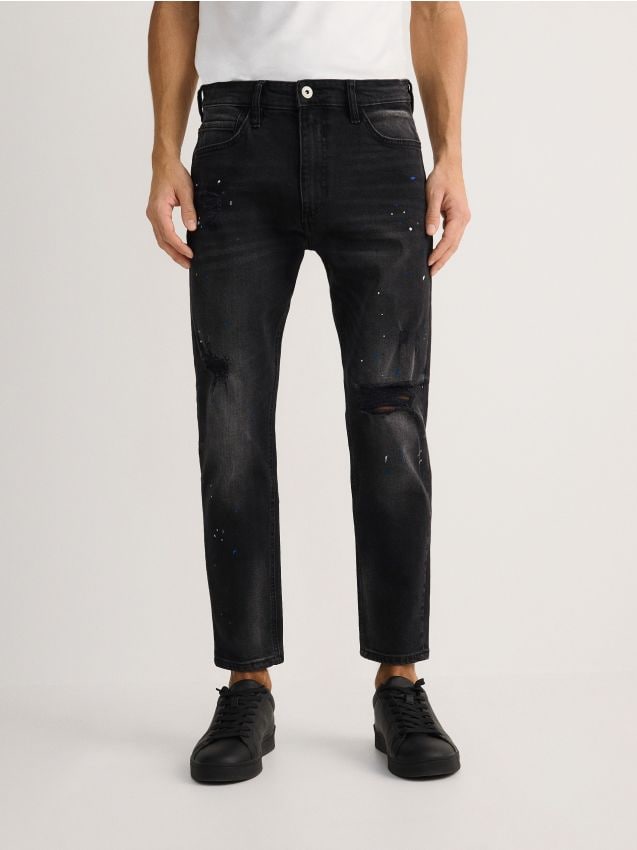 Reserved - Blugi carrot slim cu aspect deteriorat - negru