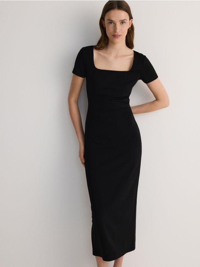 Reserved - Rochie midi cu despicătură - negru