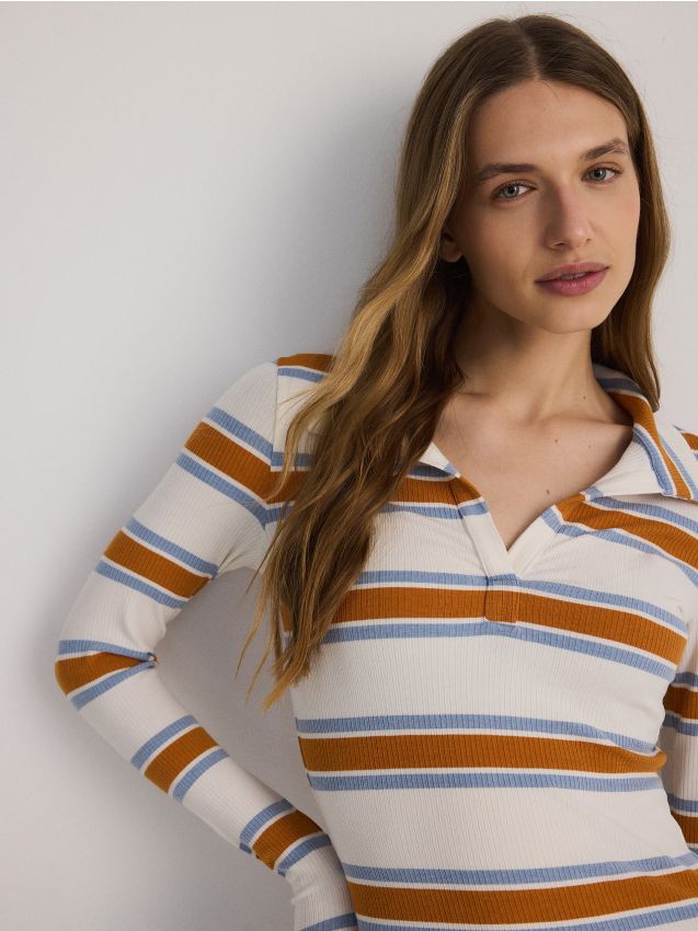 Regular fit gestreept poloshirt met lange mouwen - RESERVED
