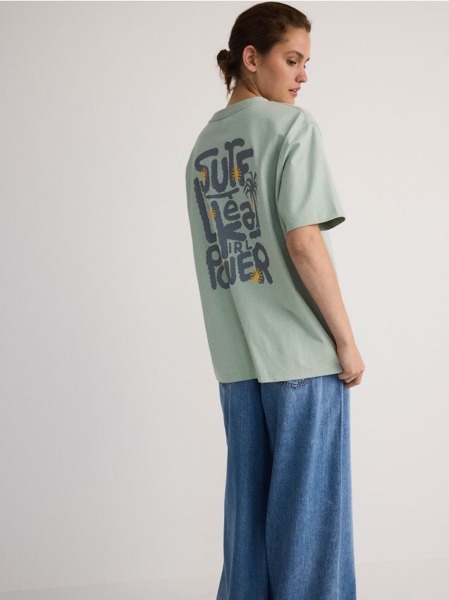 Reserved - tricou oversized cu imprimeu - verde-pal