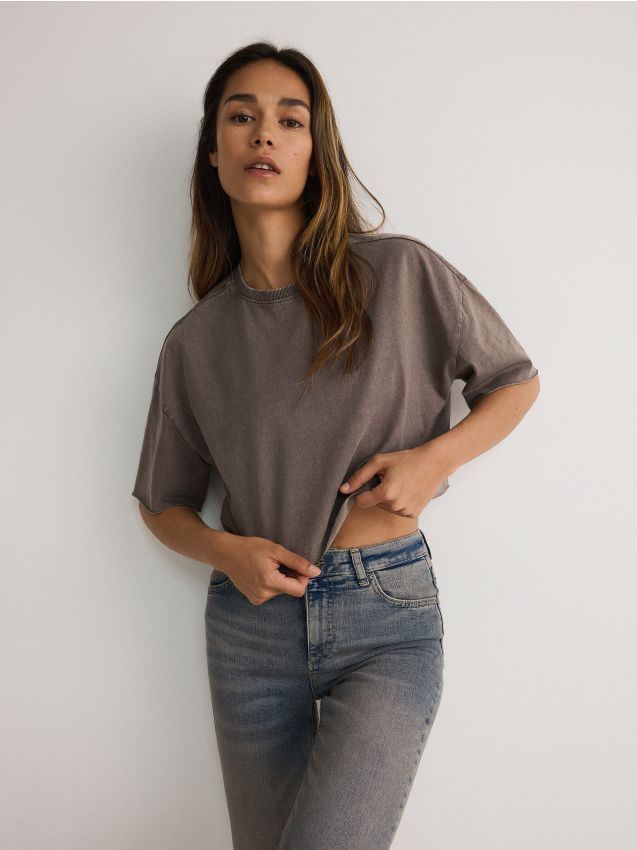 Reserved - tricou scurt cu efect prespălat - maro