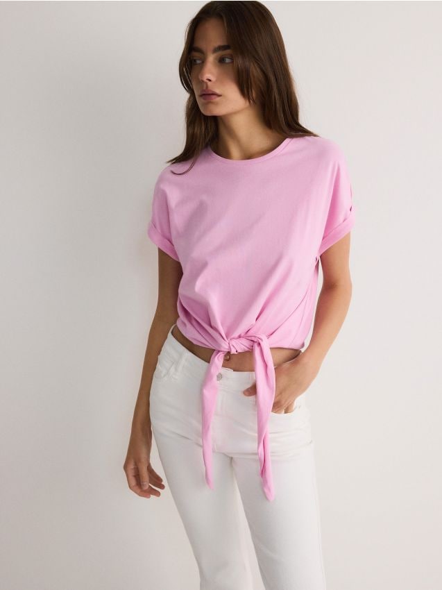 Reserved - Tricou cu legare - roz-pastel