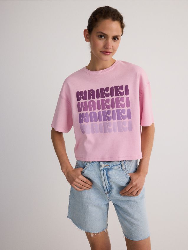 Reserved - tricou boxy cu imprimeu - roz-pastel