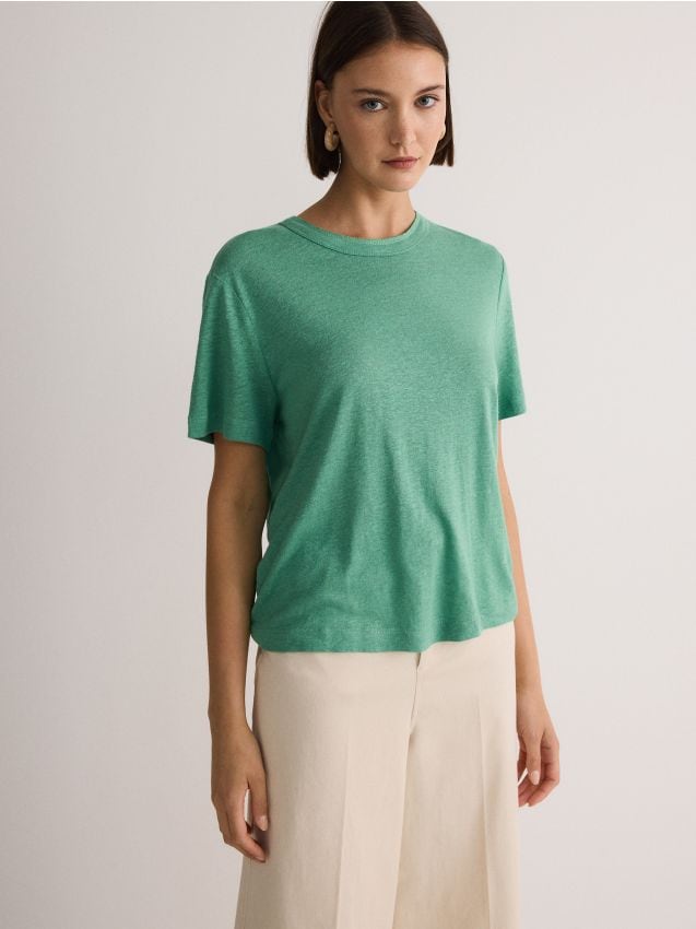 Reserved - tricou cu amestec de viscoză și in - verde-deschis
