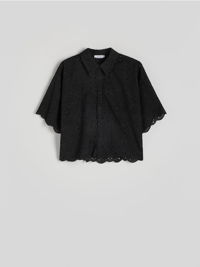Reserved - cămașă cu broderie englezească - negru