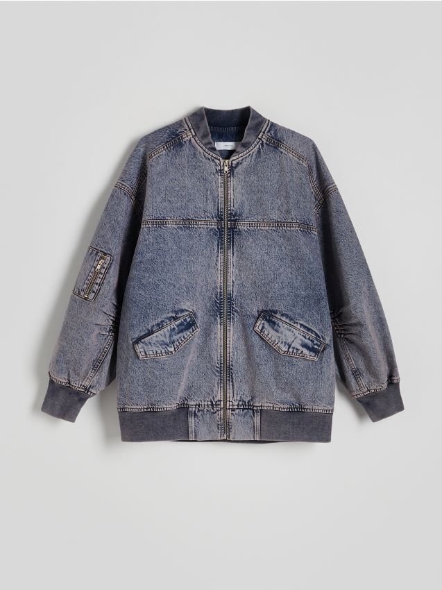 Reserved - geacă bomber, din denim cu efect prespălat - roz